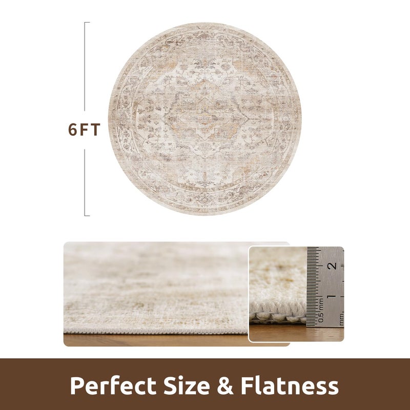 AMOAMI-6FT Round Rug-Rugs for Living Room-Vintage Soft Beige Rugs for Bedroom-Non Slip Circle Rug-Machine Washable Rug for Dining Room Living Room Bedroom Office Under Table - Image 4