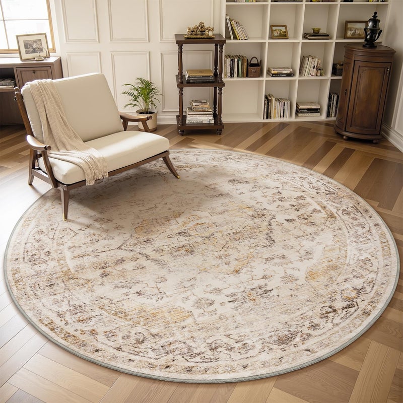 AMOAMI-6FT Round Rug-Rugs for Living Room-Vintage Soft Beige Rugs for Bedroom-Non Slip Circle Rug-Machine Washable Rug for Dining Room Living Room Bedroom Office Under Table - Image 1