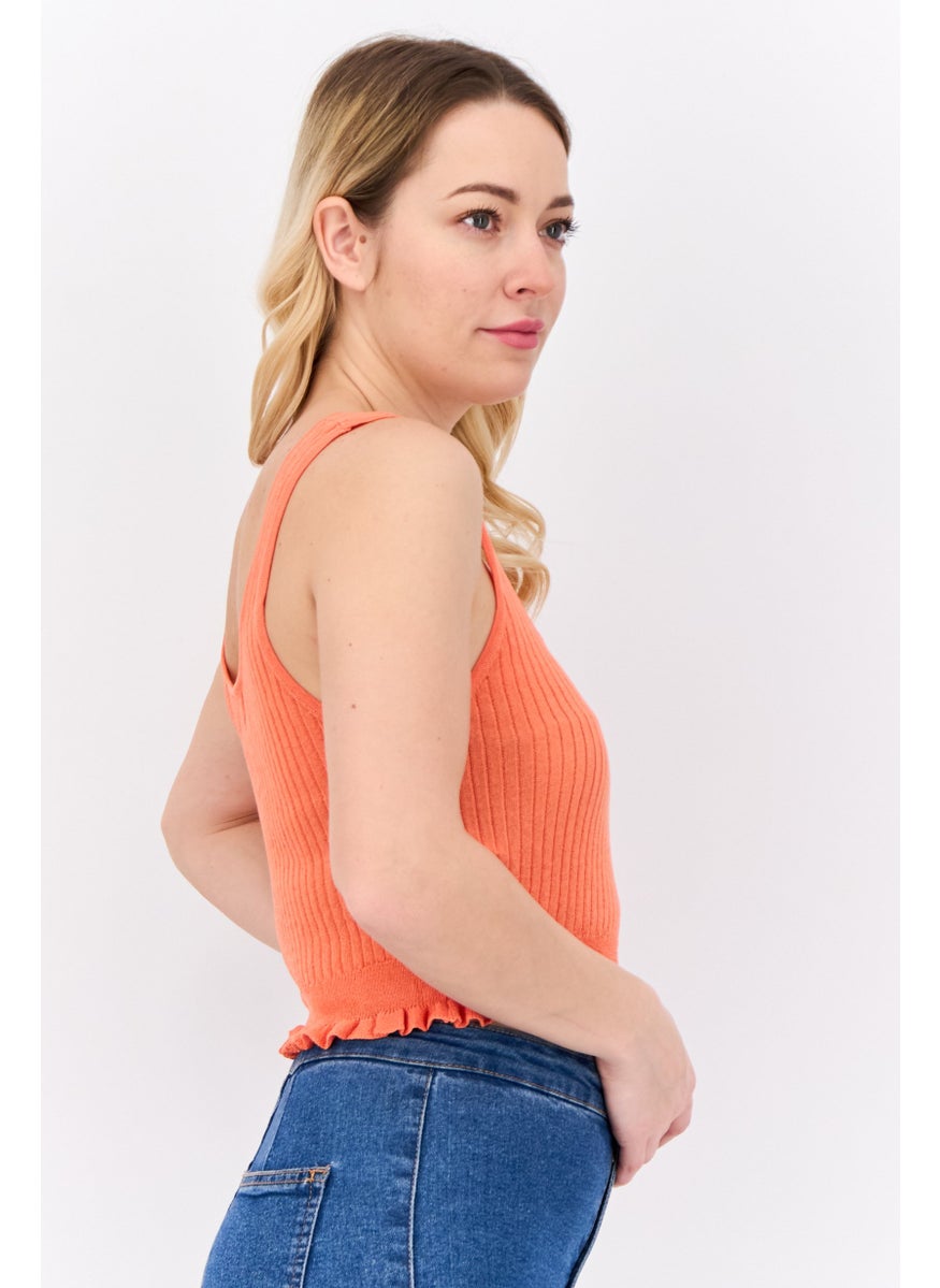 MANGO Women Round Neck Sleeveless Plain Tank Top, Orange  - Image 2