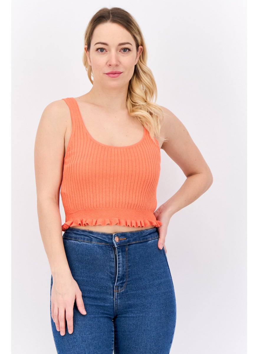 MANGO Women Round Neck Sleeveless Plain Tank Top, Orange  - Image 1