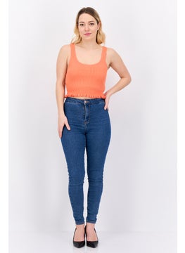 MANGO Women Round Neck Sleeveless Plain Tank Top, Orange  - Image 4