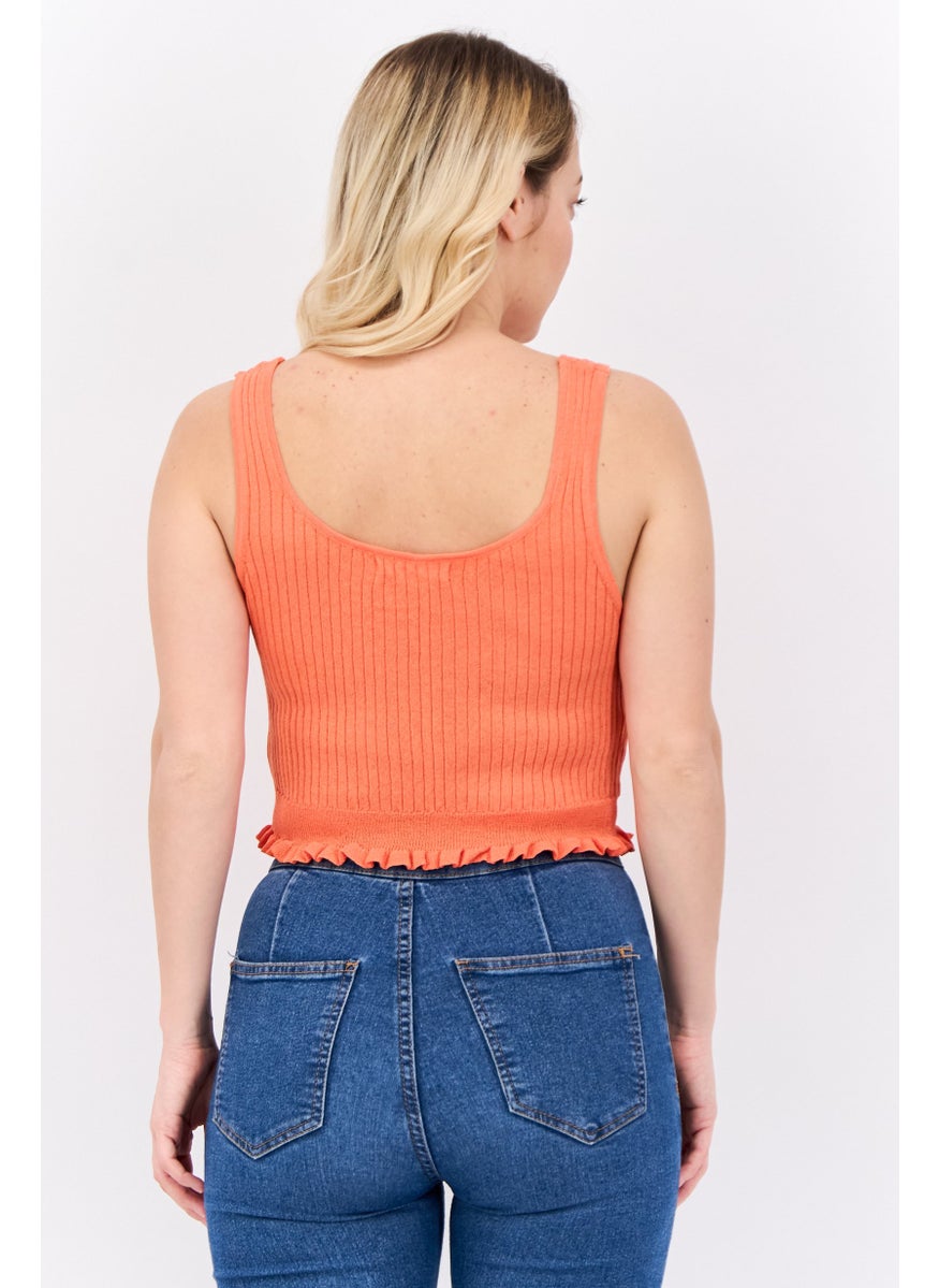 MANGO Women Round Neck Sleeveless Plain Tank Top, Orange  - Image 3
