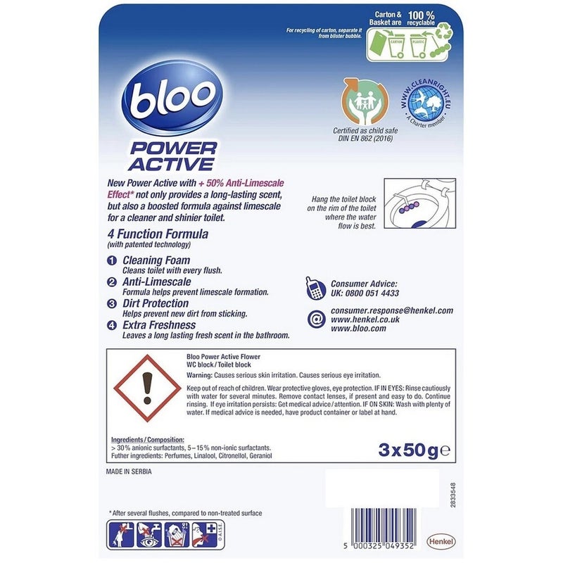 Bloo Power Active Toilet Rim Block 3 Pack Flower Scent, Toilet Cleaner with 24/7 Freshness & Dirt Protection, Long Lasting Fragrance, Cleaning Foam & Limescale Prevention - Image 2