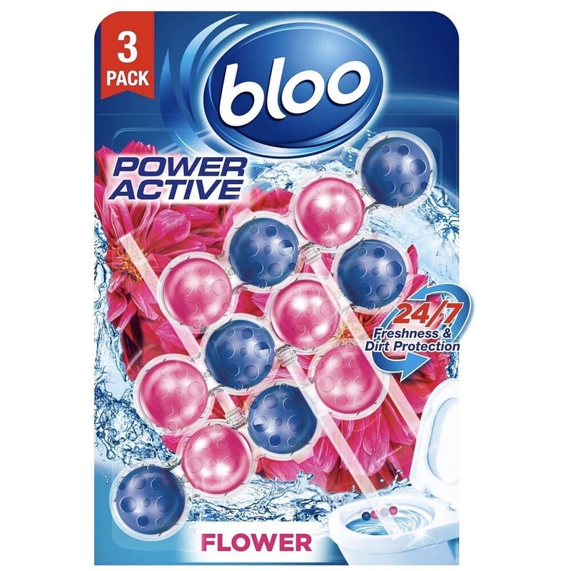 Bloo Power Active Toilet Rim Block 3 Pack Flower Scent, Toilet Cleaner with 24/7 Freshness & Dirt Protection, Long Lasting Fragrance, Cleaning Foam & Limescale Prevention - Image 1
