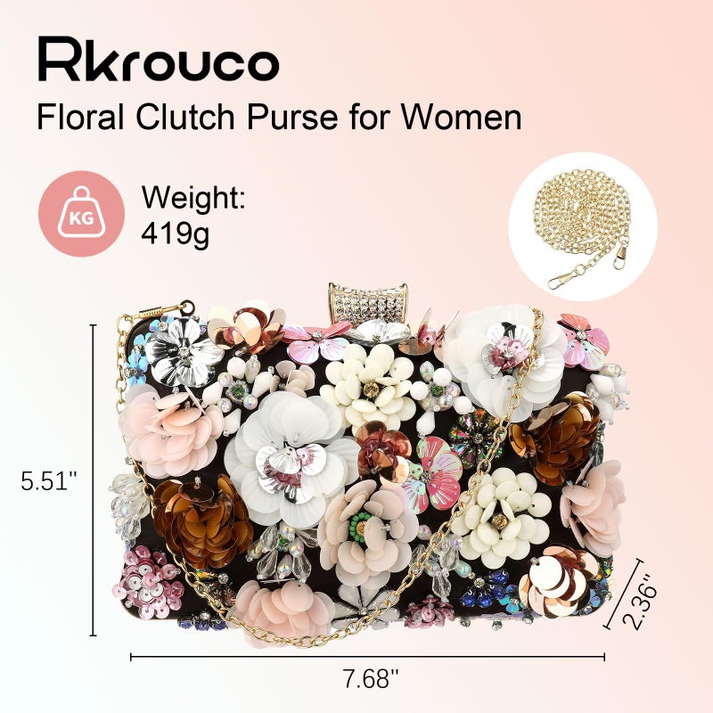 Rkrouco Women's Floral Evening Clutch Bag - Colorful Flower Handbag with Metal Rhinestones - Image 4