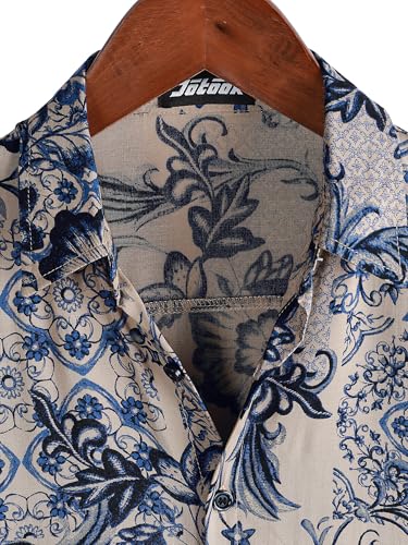 JOTOOK Mens Hawaiian Shirt Short Sleeve Button Down Tropical Shirts Casual Floral Summer Beach Shirt Large Beige Blue - Image 3