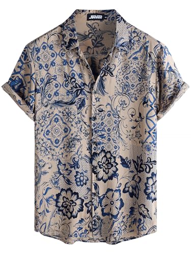 JOTOOK Mens Hawaiian Shirt Short Sleeve Button Down Tropical Shirts Casual Floral Summer Beach Shirt Large Beige Blue - Image 1