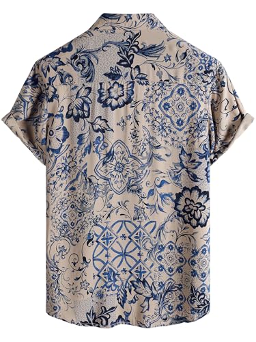 JOTOOK Mens Hawaiian Shirt Short Sleeve Button Down Tropical Shirts Casual Floral Summer Beach Shirt Large Beige Blue - Image 2