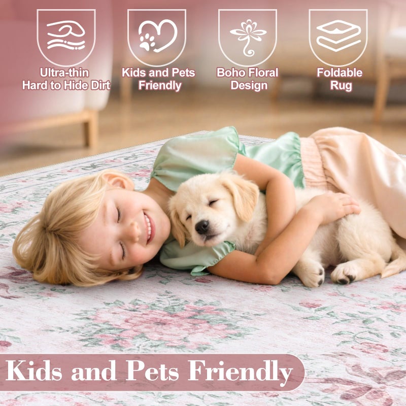 Wonnitar Floral Bow Pink Rug for Bedroom, Washable 5x7 Area Rug for Girls Nursery, Ultra-Thin Non Slip Soft Boho Carpet for Kids Room Dorm Living Room, Light Pink - Image 5