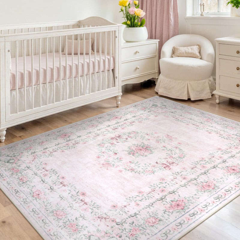 Wonnitar Floral Bow Pink Rug for Bedroom, Washable 5x7 Area Rug for Girls Nursery, Ultra-Thin Non Slip Soft Boho Carpet for Kids Room Dorm Living Room, Light Pink - Image 1