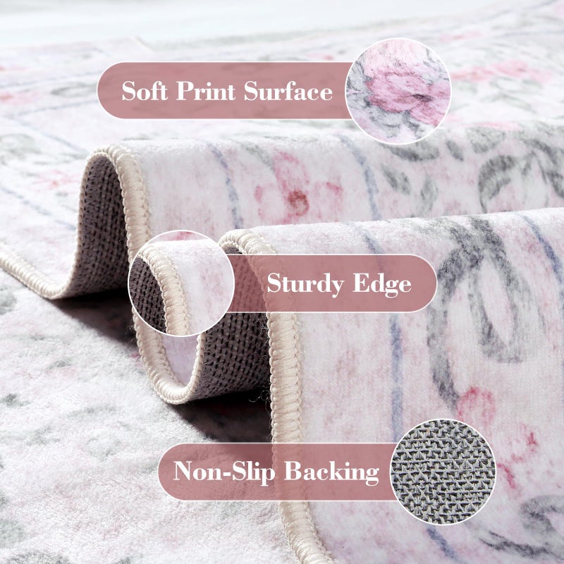 Wonnitar Floral Bow Pink Rug for Bedroom, Washable 5x7 Area Rug for Girls Nursery, Ultra-Thin Non Slip Soft Boho Carpet for Kids Room Dorm Living Room, Light Pink - Image 4