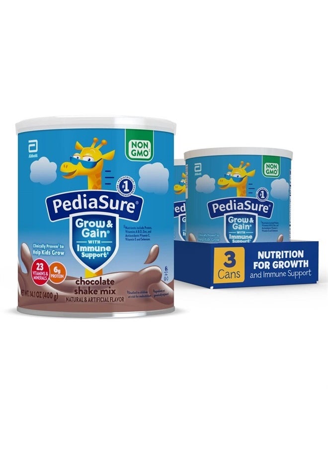 Pediasure - مسحوق خليط شيك PediaSure Grow &amp; Gain with Immune Support Shake، شيك للأطفال، 23 فيتامين ومعادن، 6 جرام بروتين، يساعد الأطفال على اللحاق بالنمو، خالٍ من الكائنات المعدلة وراثيًا، خالٍ من الجلوتين، شوكولاتة، علبة 14.1 أونصة، 3 علب - 24 وجبة - Image 1