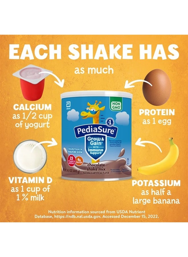 Pediasure - مسحوق خليط شيك PediaSure Grow &amp; Gain with Immune Support Shake، شيك للأطفال، 23 فيتامين ومعادن، 6 جرام بروتين، يساعد الأطفال على اللحاق بالنمو، خالٍ من الكائنات المعدلة وراثيًا، خالٍ من الجلوتين، شوكولاتة، علبة 14.1 أونصة، 3 علب - 24 وجبة - Image 1