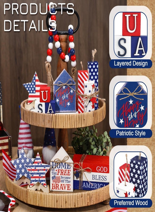 Anglechic 15 Pcs 4th of July Table Decorations Patriotic Tiered Tray Decor Wooden Memorial Day Star Centerpiece for Table Red White Blue Wood Block for 250th Anniversary Independence Day Home Tabletop - Image 3