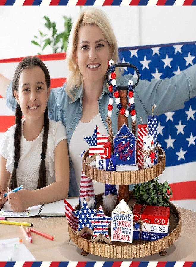 Anglechic 15 Pcs 4th of July Table Decorations Patriotic Tiered Tray Decor Wooden Memorial Day Star Centerpiece for Table Red White Blue Wood Block for 250th Anniversary Independence Day Home Tabletop - Image 4