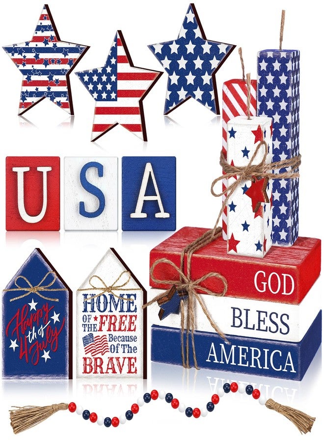 Anglechic 15 Pcs 4th of July Table Decorations Patriotic Tiered Tray Decor Wooden Memorial Day Star Centerpiece for Table Red White Blue Wood Block for 250th Anniversary Independence Day Home Tabletop - Image 1