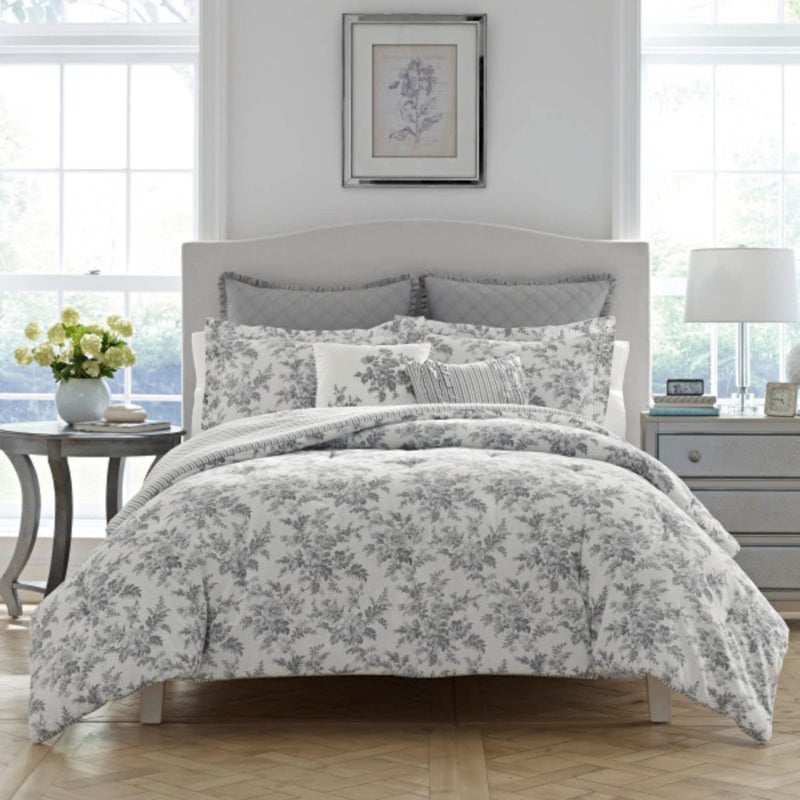 LAURA ASHLEY Laura Ashley Home  King Comforter Set Reversible Cotton Bedding Includes Matching Shams with Bonus Euro Shams  Throw Pillows Annalise Grey King 
