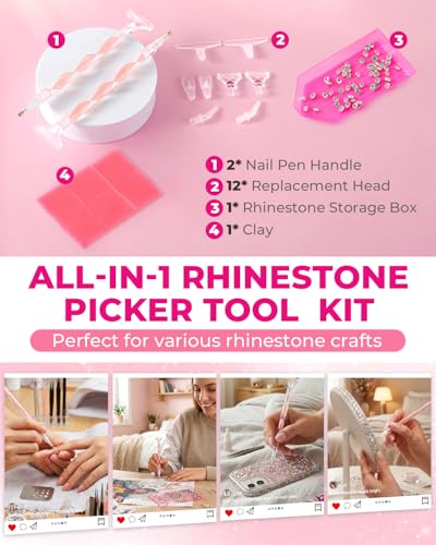 Eudaicful Rhinestone Picker Tool Kit: 2Pcs Rhinestone Picker Handle, Dual-Ended Rhinestones Applicator Dotting Pen with 12 Upgraded Plastic Replacement Tips, Clay, Bedazzling Tools for Nail Art Craft (Pink) - Image 2