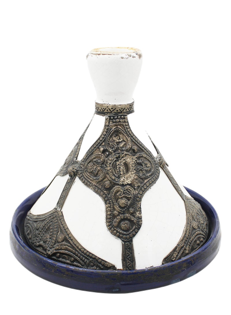Antique Museum Moroccan Handmade Tajeen (Food Pot) White Metal Work 22 cm  - Image 1