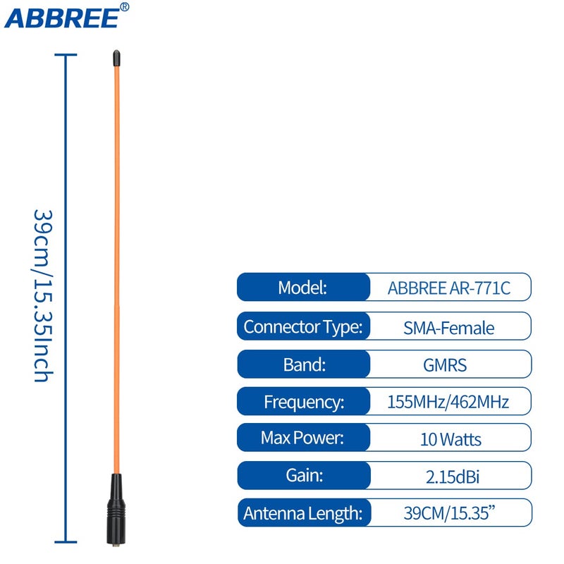 ABBREE AR-771C GMRS (155/462MHz) Antenna 15.3inch Whip Antenna SMA-Female for Baofeng UV-5R GMRS GM-15Pro GM-5RH UV-5G Plus TD-H3 UV-9G Radioddity TD-H5 GMRS Radios (Orange) - Image 3