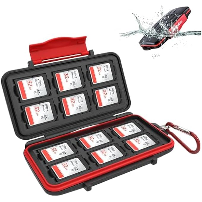 Kiorafoto حافظة بطاقات الذاكرة 12 فتحة SD SDHC SDXC مقاومة للماء ومضادة للصدمات مع مشبك - Image 1