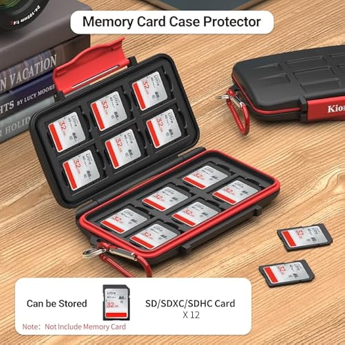 Kiorafoto حافظة بطاقات الذاكرة 12 فتحة SD SDHC SDXC مقاومة للماء ومضادة للصدمات مع مشبك - Image 3