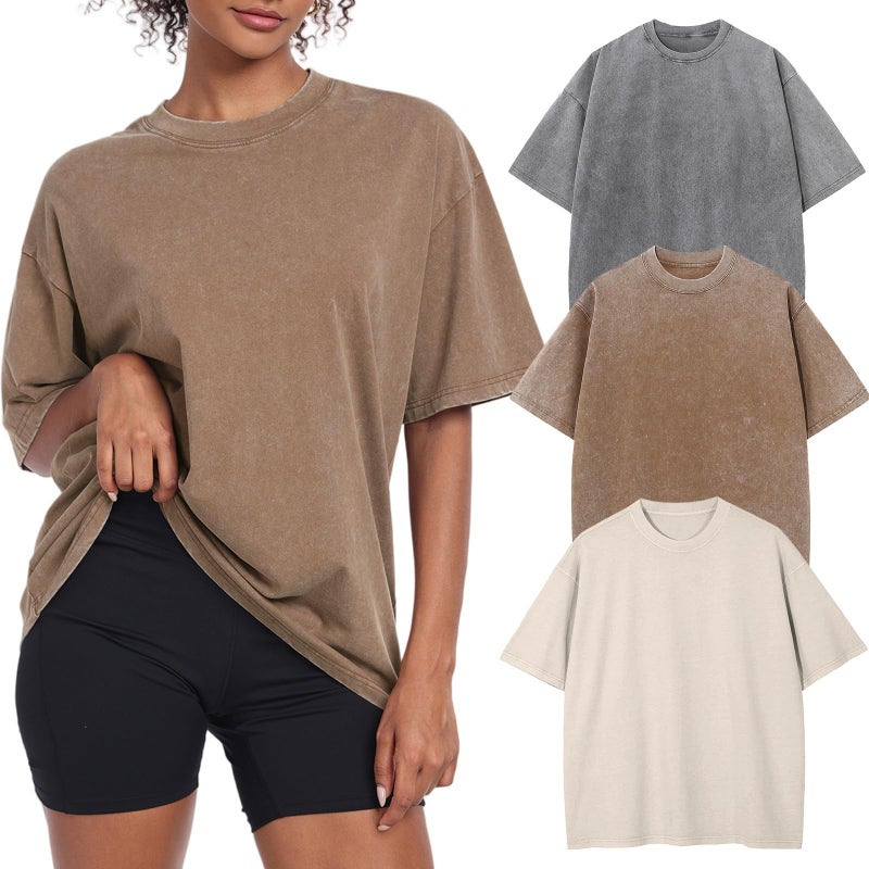 KEEPSHOWING Womens Vintage Oversized T Shirts Acid Washed Baggy Cotton Tee Casual Workout Boyfriend Short Sleeve Tops(Beige/Coffee/Grey XXL) - Image 1