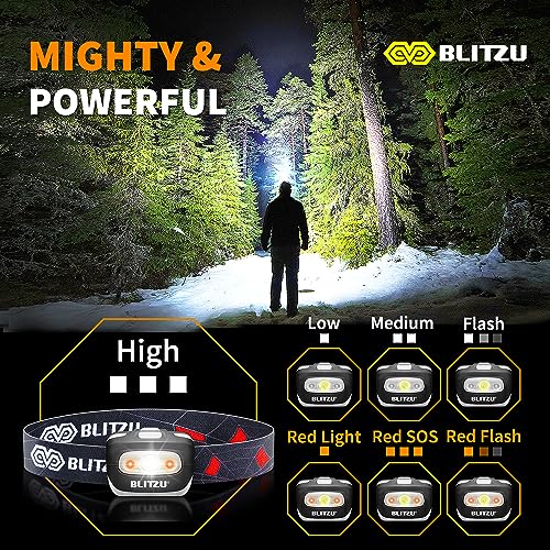 BLITZU LED Headlamp Flashlight for Adults & Kids, Lightweight, Waterproof Head Lamp with White & Red Light, Comfortable Headband, Perfect for Running, Camping, Hiking, 3 AAA Batteries Included, Black - Image 3
