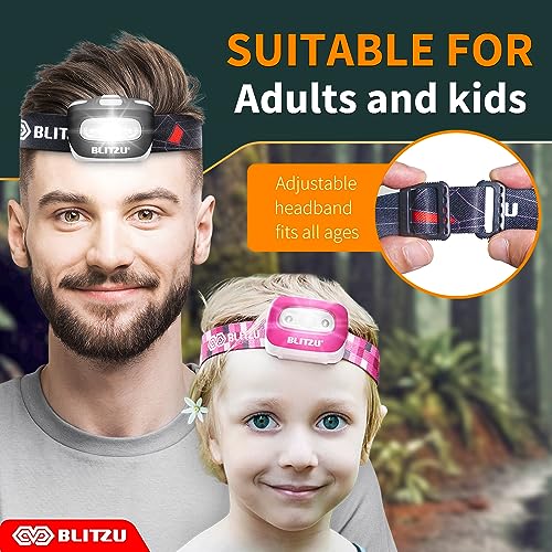BLITZU LED Headlamp Flashlight for Adults & Kids, Lightweight, Waterproof Head Lamp with White & Red Light, Comfortable Headband, Perfect for Running, Camping, Hiking, 3 AAA Batteries Included, Black - Image 4