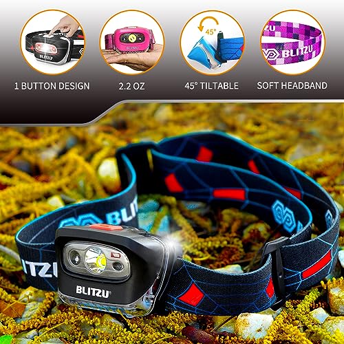 BLITZU LED Headlamp Flashlight for Adults & Kids, Lightweight, Waterproof Head Lamp with White & Red Light, Comfortable Headband, Perfect for Running, Camping, Hiking, 3 AAA Batteries Included, Black - Image 5