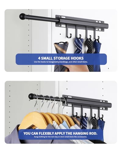 BaiNong 12" Valet Rod for Closet Pull Out With 4 Hooks Valet Rods for Closets (2Pack Black) Closet Valet Rod Slide Out - Image 3