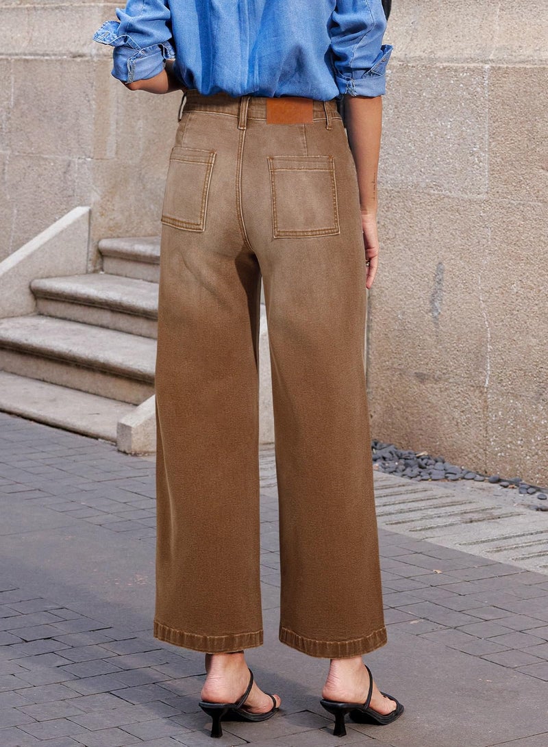Sidefeel Women's Wide Leg Jeans High Waisted Straight Leg Stretchy Trendy Loose Zimbaplatinum Ankle Denim Pants Brown Size 10 - Image 3