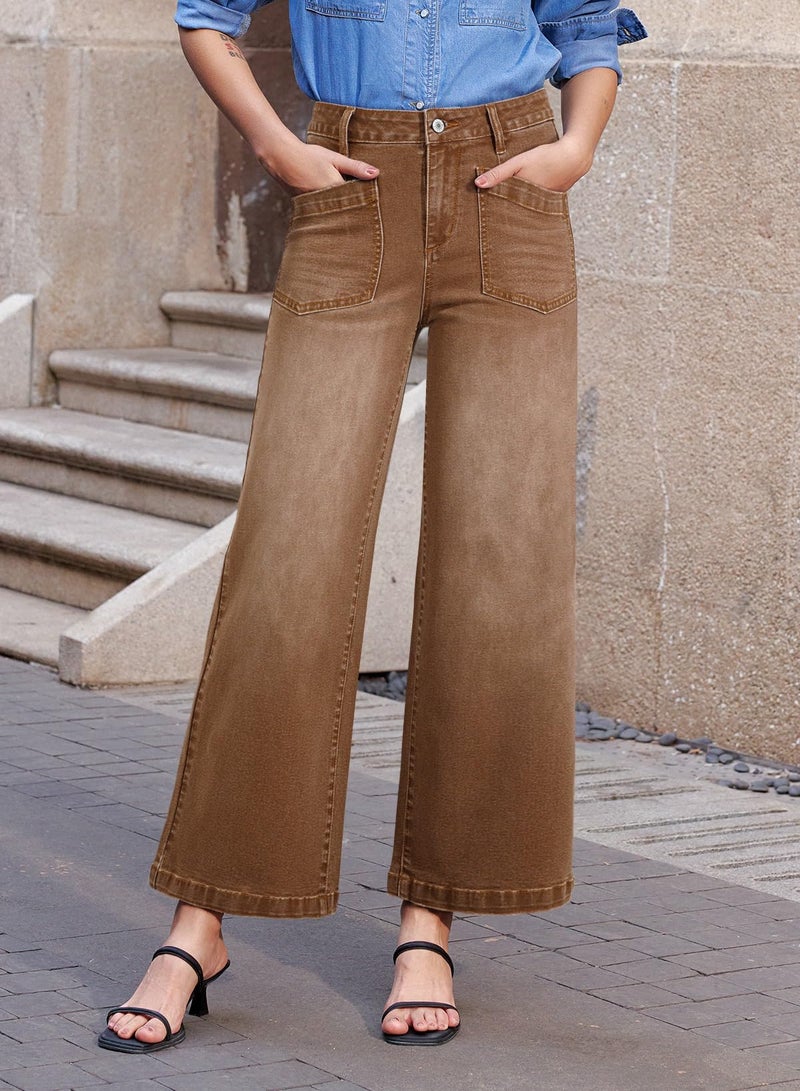 Sidefeel Women's Wide Leg Jeans High Waisted Straight Leg Stretchy Trendy Loose Zimbaplatinum Ankle Denim Pants Brown Size 10 - Image 2