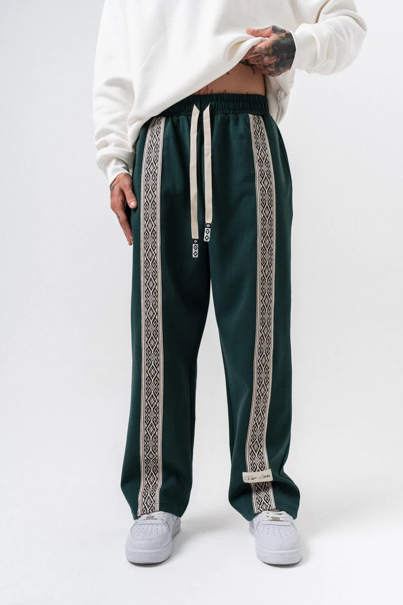 RESPIRE Men’s Ethnic Striped Winter Doubleface Baggy Sweatpants Khaki Green