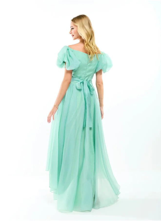 هاوس اوف مودا Off Shoulder Neck High Low Hem Maxi Dress with Tie Belt