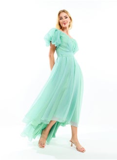 House of Moda Off Shoulder Neck High Low Hem Maxi Dress with Tie Belt by Styli  - Image 2