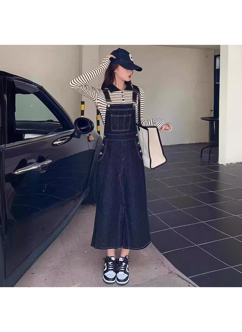 Generic - Retro Slit Design Denim Overalls Versatile Summer 2024 Womens Mini Skirt Casual Style Comfortable Cotton Long Skirts Dark blue - Image 1