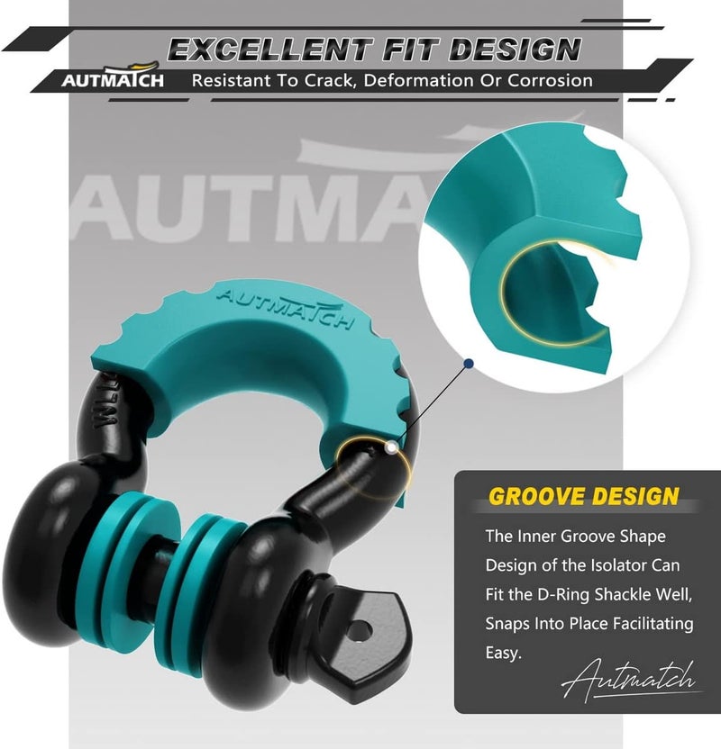 AUTMATCH D Ring Shackle Isolators Washers Kit - 2 Rubber Shackle Isolators with 8 Washers, Fits 3/4 Shackles Protect and Prevents Rattling, Shackle Cover Teal - Image 4