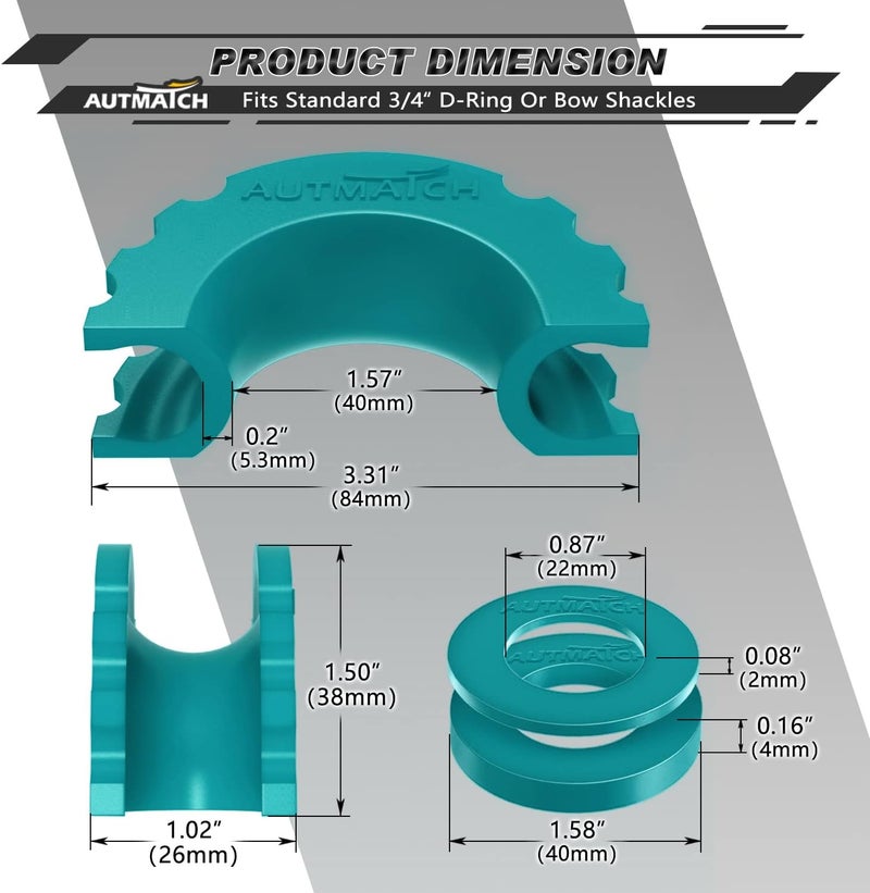 AUTMATCH D Ring Shackle Isolators Washers Kit - 2 Rubber Shackle Isolators with 8 Washers, Fits 3/4 Shackles Protect and Prevents Rattling, Shackle Cover Teal - Image 3
