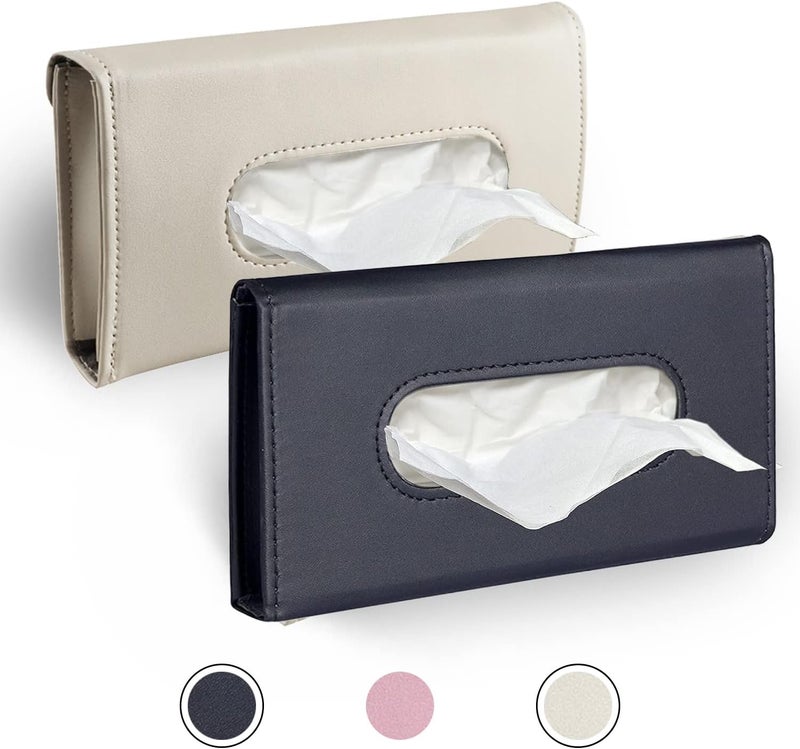 Langmeil Car Tissue Holder, 2 Pack Sun Visor Napkin Holder, Premium PU Leather, Black & Beige - Image 1