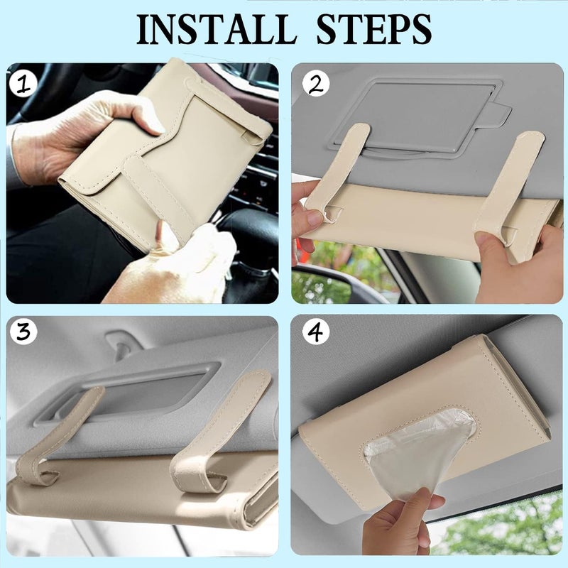 Langmeil Car Tissue Holder, 2 Pack Sun Visor Napkin Holder, Premium PU Leather, Black & Beige - Image 4