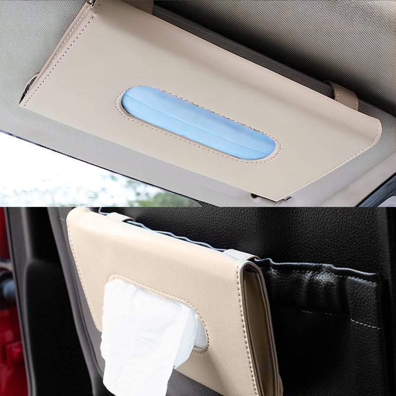 Langmeil Car Tissue Holder, 2 Pack Sun Visor Napkin Holder, Premium PU Leather, Black & Beige - Image 3