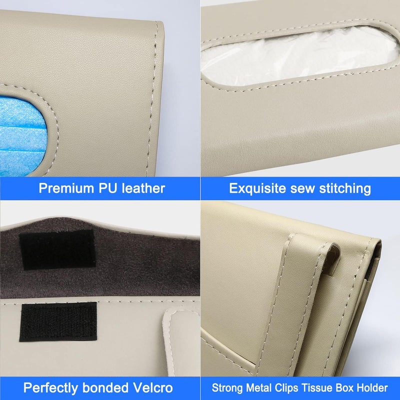 Langmeil Car Tissue Holder, 2 Pack Sun Visor Napkin Holder, Premium PU Leather, Black & Beige - Image 5
