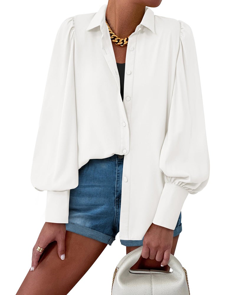 BTFBM Women Fashion Button Down Shirts 2026 V Neck Boho Printed Long Sleeve Blouses Dressy Casual Spring Fall Tops(Solid White, XX-Large) - Image 2