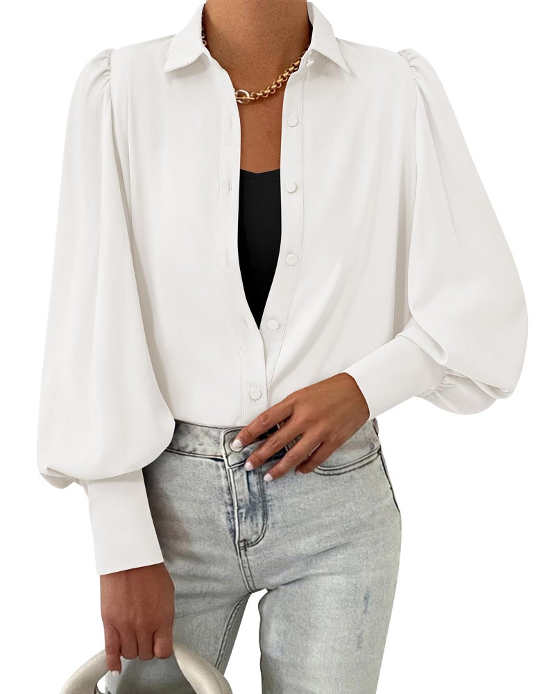 BTFBM Women Fashion Button Down Shirts 2026 V Neck Boho Printed Long Sleeve Blouses Dressy Casual Spring Fall Tops(Solid White, XX-Large) - Image 3