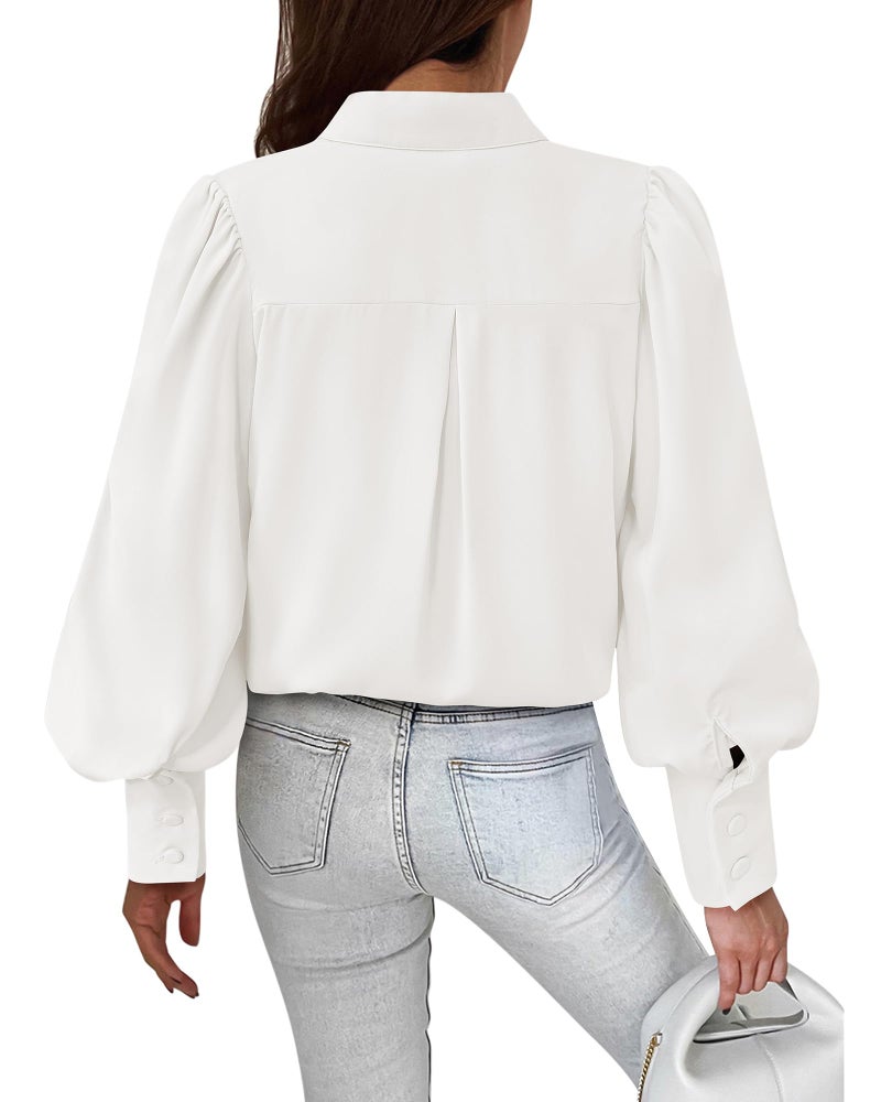 BTFBM Women Fashion Button Down Shirts 2026 V Neck Boho Printed Long Sleeve Blouses Dressy Casual Spring Fall Tops(Solid White, XX-Large) - Image 5