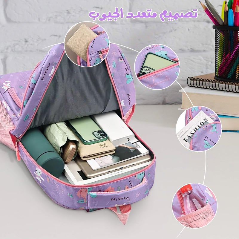 School Bag - Lightweight School Backpack for Kids & Girls, Multi Pocket, Large Capacity, Wear Resistant Breathable Nylon, Padded Straps, Side Bottle Pockets (Purple) - Image 3