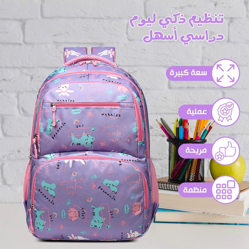 School Bag - Lightweight School Backpack for Kids & Girls, Multi Pocket, Large Capacity, Wear Resistant Breathable Nylon, Padded Straps, Side Bottle Pockets (Purple) - Image 2