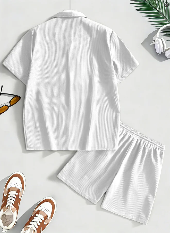 تايك تو Men White Corduroy Shirt and Shorts Co-Ords