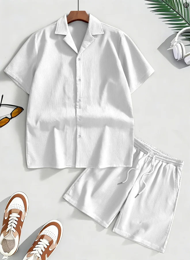تايك تو Men White Corduroy Shirt and Shorts Co-Ords